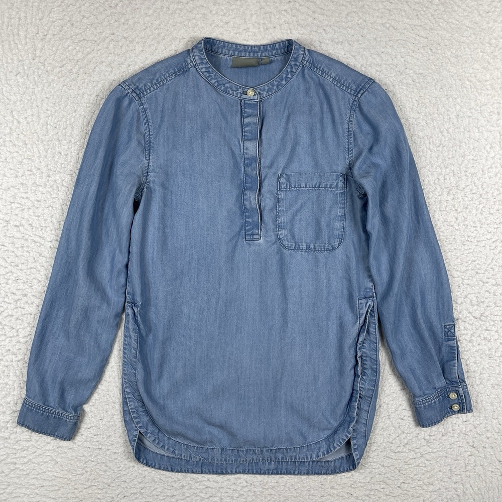 Athleta Popover Shirt Women XXS Blue Tencel Long Sleeve Band Collar 214785-00